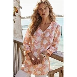 J.Jill Women's XS Petite Linen Cotton Blend Coral Print Tunic Top 3/4 sleeves